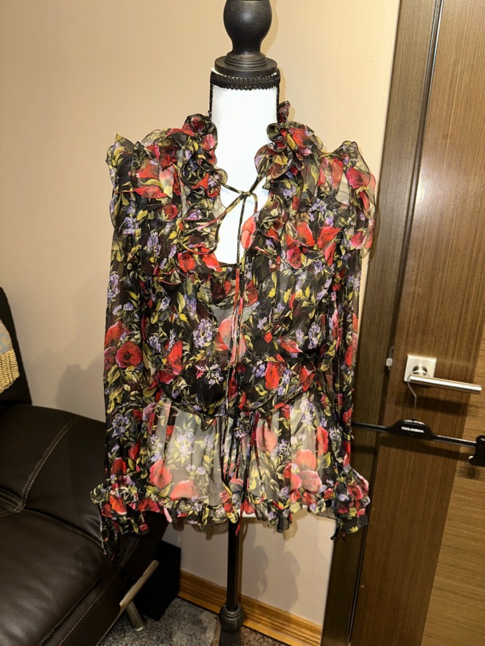 Dolce and Gabbana sheer Floral Ruffle Tie-Neck Blouse size 36